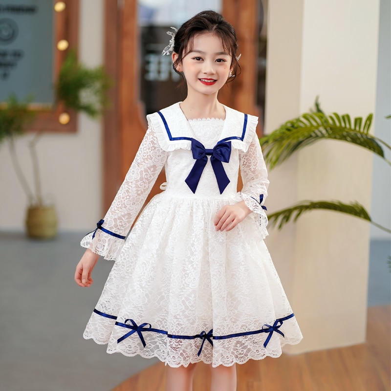Kids' Dresses 2022 Spring New Girls Navy Collar College Style Lace Long-sleeved Princess Dress Simple Short Skirt