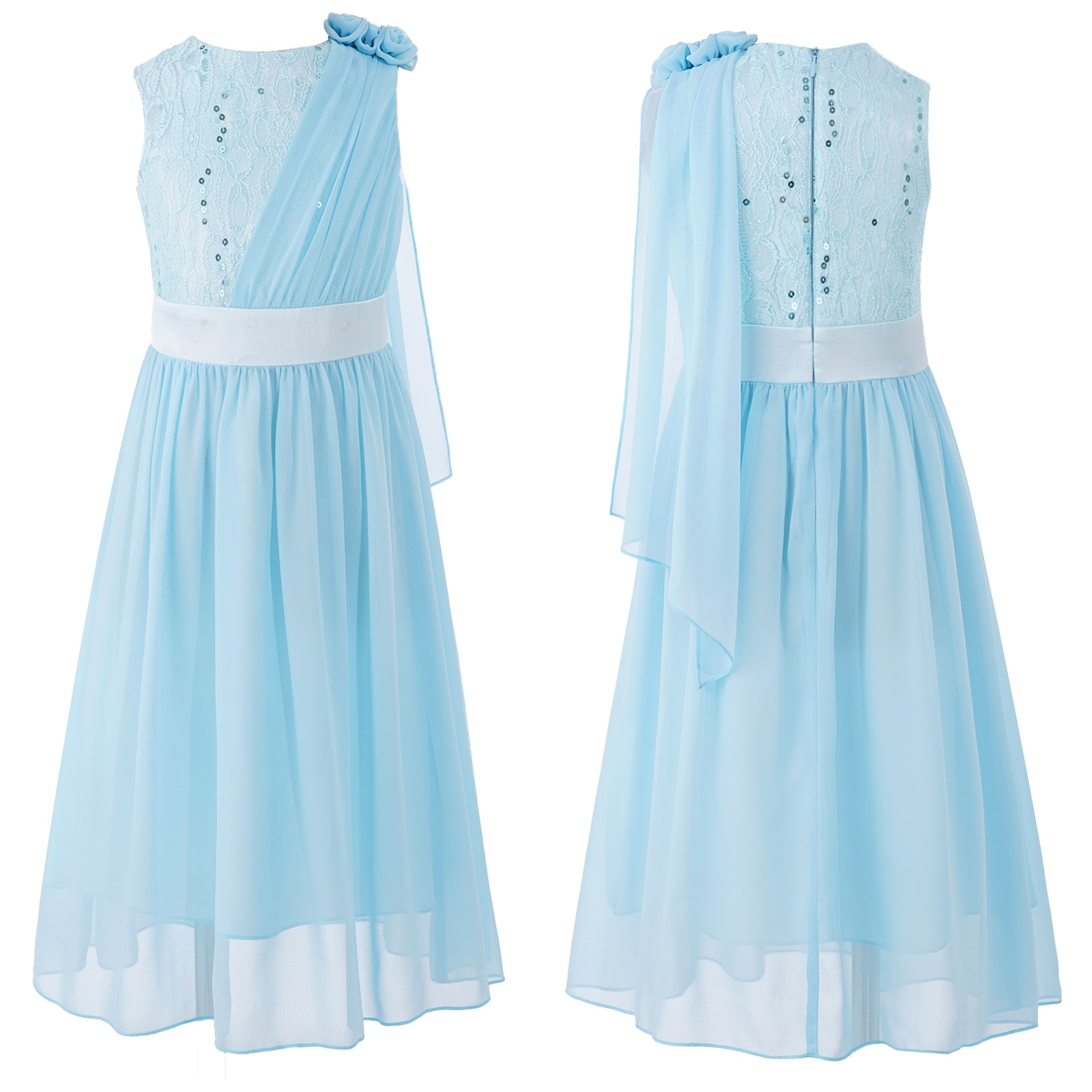 Kids Girls Elegant Party Dress Sleeveless Shiny Sequin Lace Bodice Chiffon Maxi Dress Wedding Bridesmaid Birthday Prom Costume