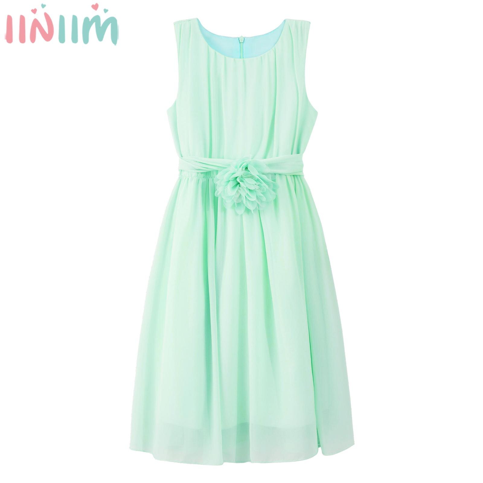 Kids Girls Cute Chiffon Party Dress Bridesmad Costume Sleeveless Flower Waistband Ruched Princess Dress for Birthday Wedding