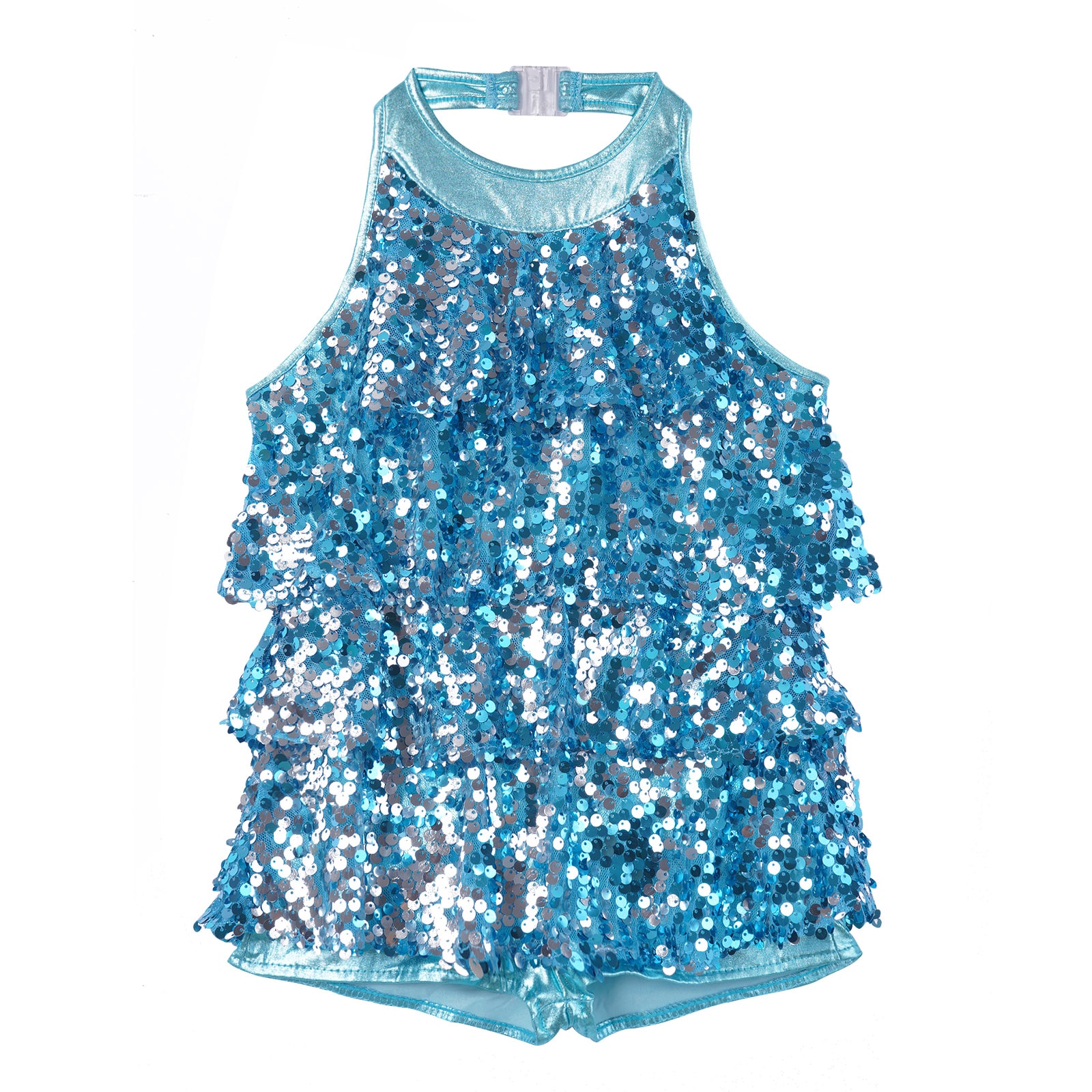 Kids Girls Halter Shiny Sequins Backless Ballet Dance Tutu Dress Shorty Unitard Modern Latin Jazz Dancing Performance Costumes
