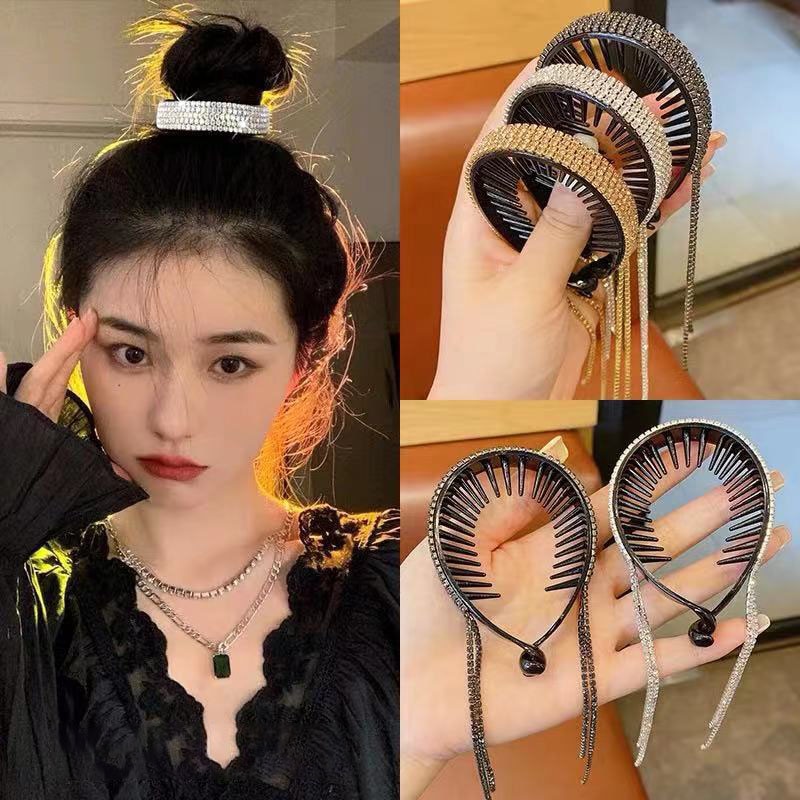 Nice Gift Meatball Hair Clips Diamond Setting 4Colors Ins Style Ponytail Headband Plastic/Resin Lady Headband with Tassels 1Pcs