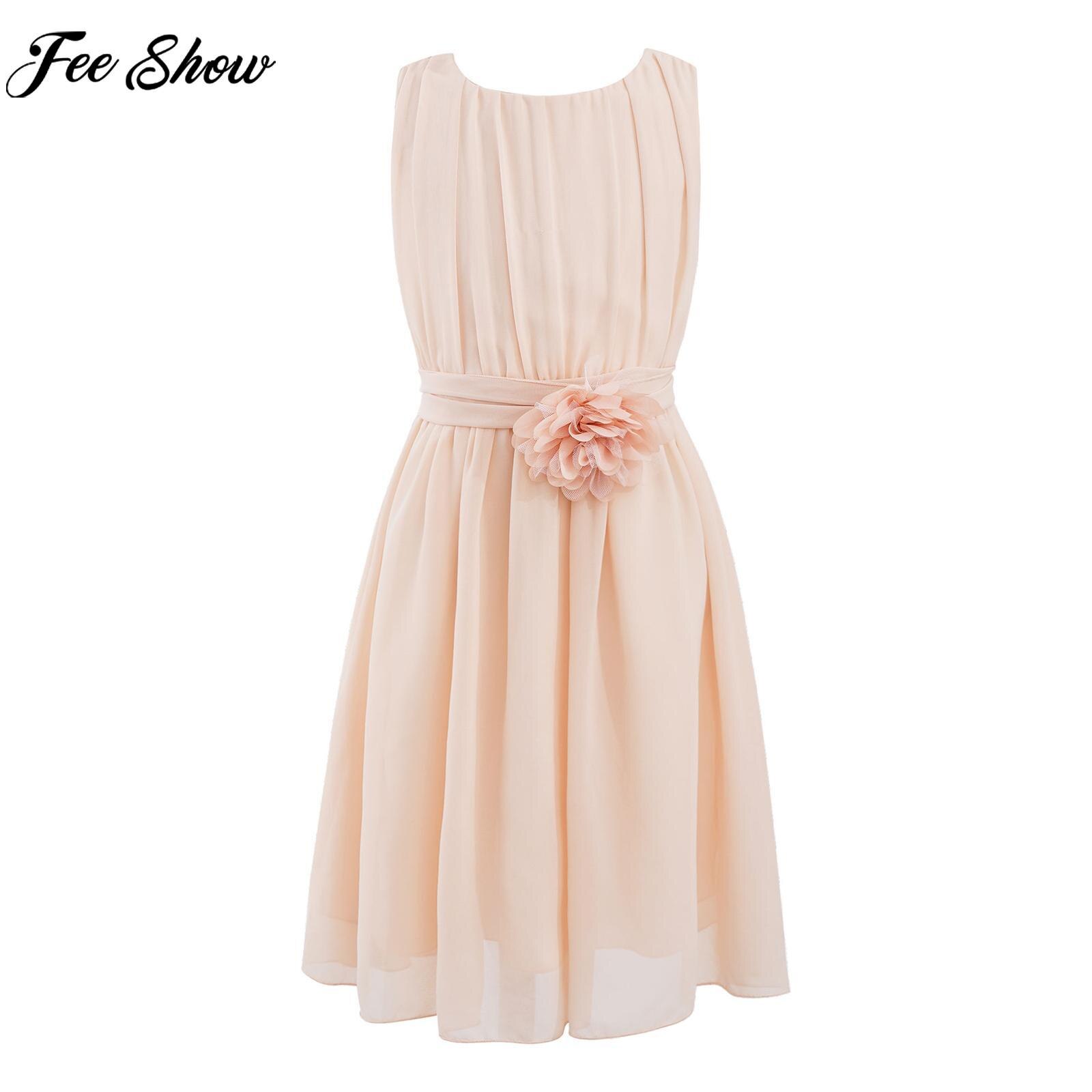 Girls Chiffon Party Dress Wedding Bridesmaid Costume Sleeveless Flower Waistband Ruched Princess Dress for Birthday Prom Pageant
