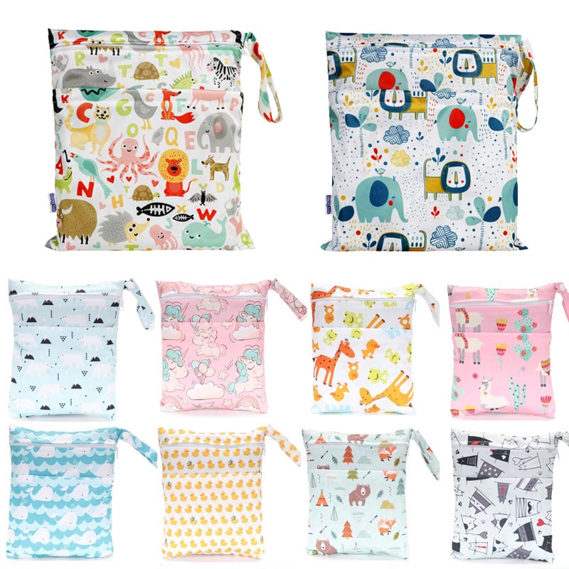 Wet Dry Bag With Two Zippered For Baby Diapers Nappies Waterproof Reusable Baby Diaper Bag 30*36cm