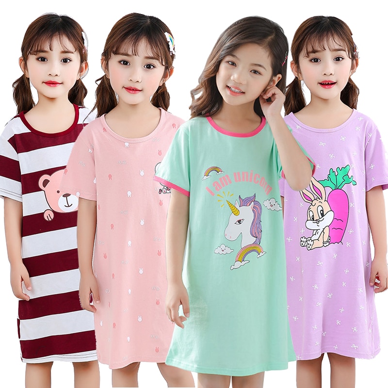 Pink Girl Kids Girls Night Dress Summer Nightgown Girl Unicorn Pajamas Dress T-Shirt Long Sleepwear Nighty for Children Pyjamas