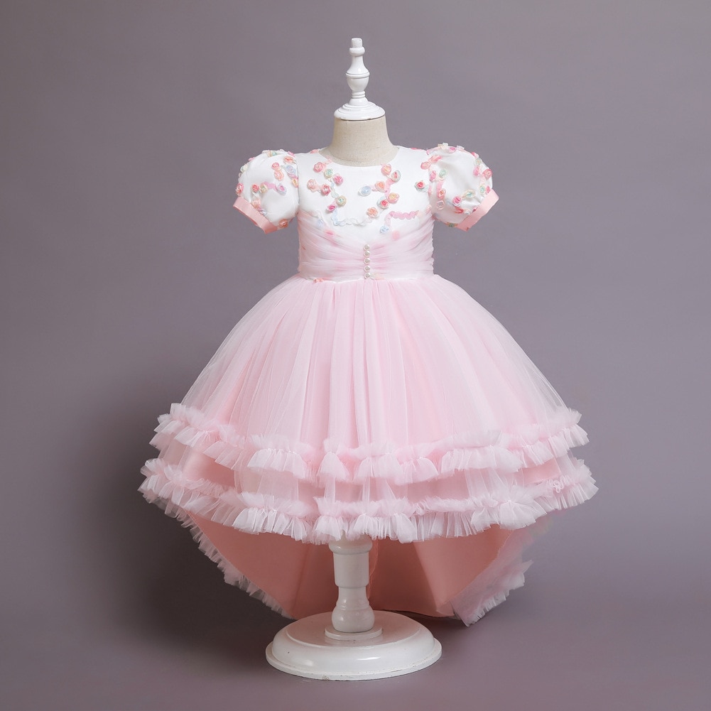 KEAIYOUHUO Children Girls Dress Short Sleeve Lace Flower Princess Dress Trailing Skirt Kids Party Performance Formal Ball Gown