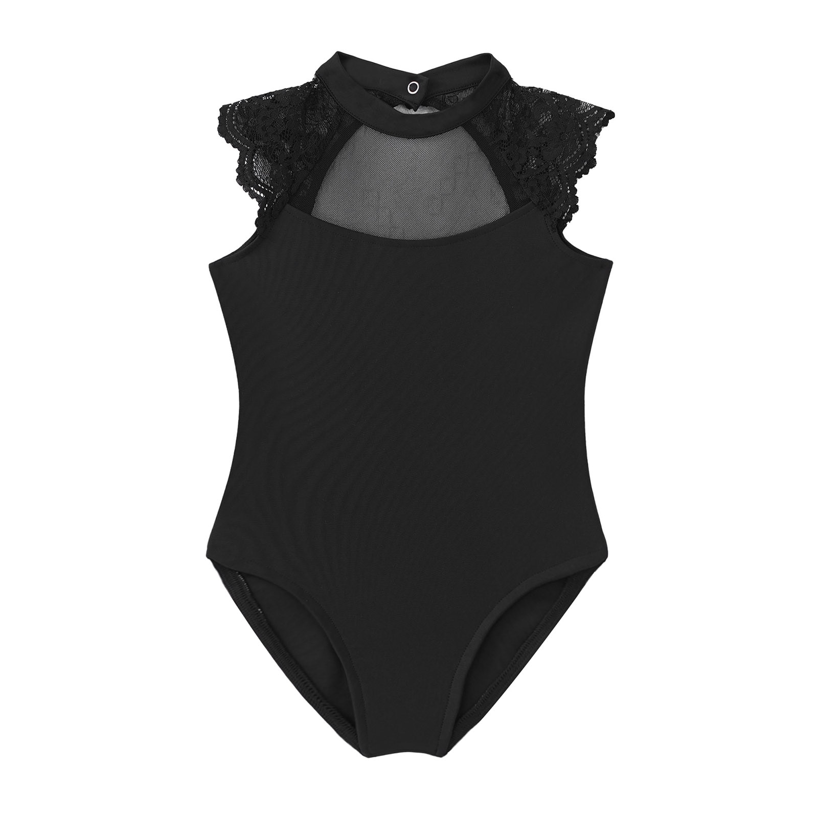 Kids Ballet Gymnastics Leotard Sleeveless Lace Splice Mesh Dance Leotards Girls Open Back Jumpsuit Bodysuit Dancewear Black