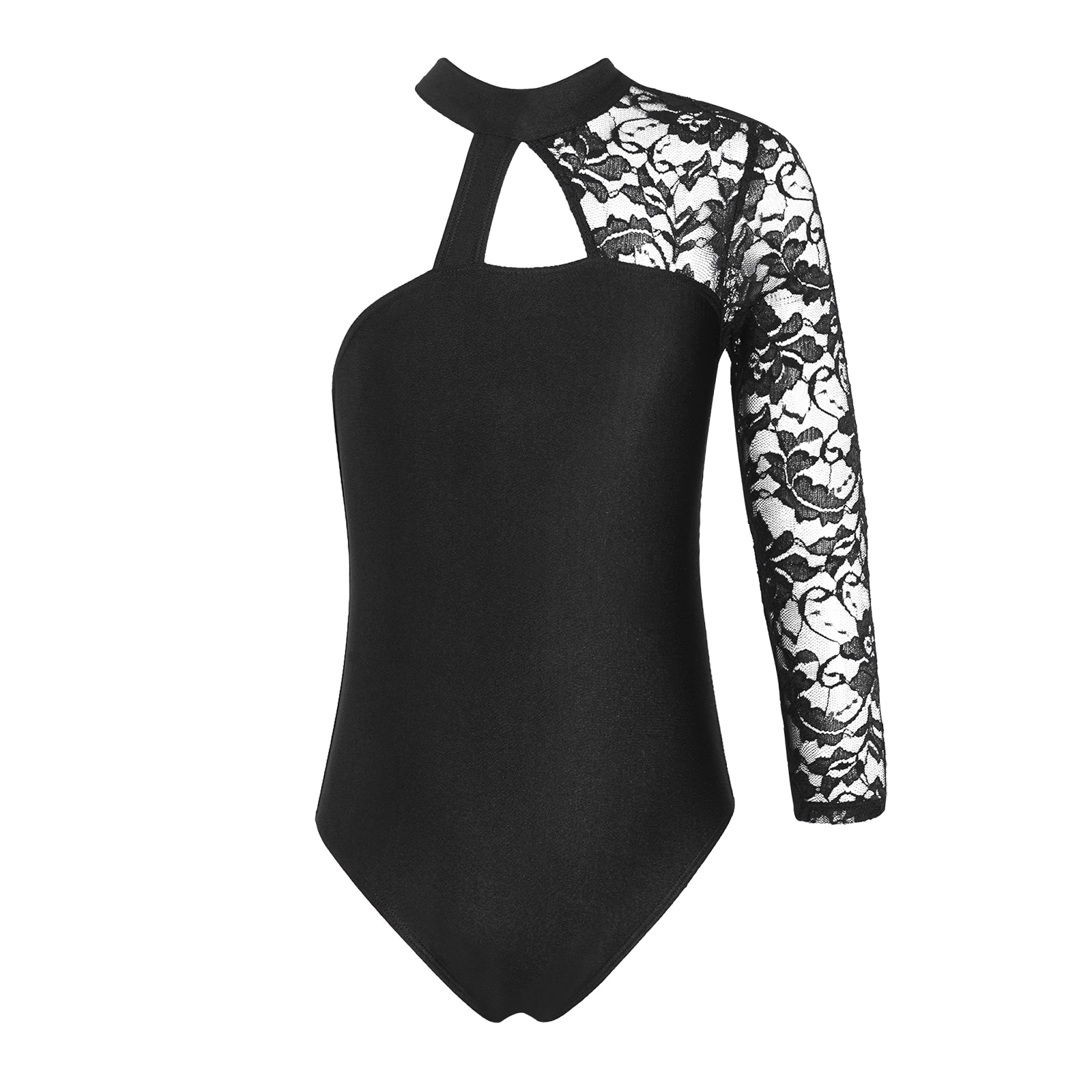 Kid Girls Dancewear Ballet Dance Leotard Mock Neck Asymmetrical Floral Lace Long Sleeve Gymnastics Workout Yoga Leotard Bodysuit