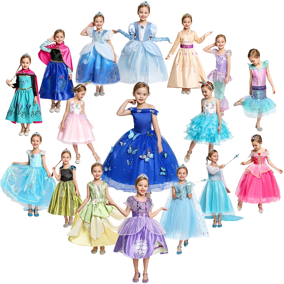 Disney Girls Frozen Elsa Princess Dress for Girls Halloween Party Anna Cinderella Cosplay Costume Kids Mermaid Dresses Clothing