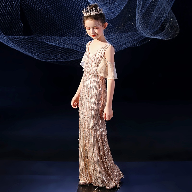 Child Big Girl Evening Dress Champagne Gold Sequined Crystal Prom Dresses 2022 Luxury Long Party Gowns Formal Kids Elegant Frock