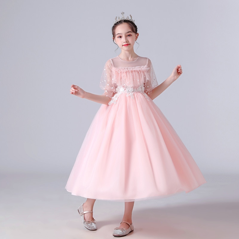 Cute Pink Flower Girls Princess Dress Kids Children Ceremony Long Prom Birthday Party Wedding Party Pageant Ball Gowns