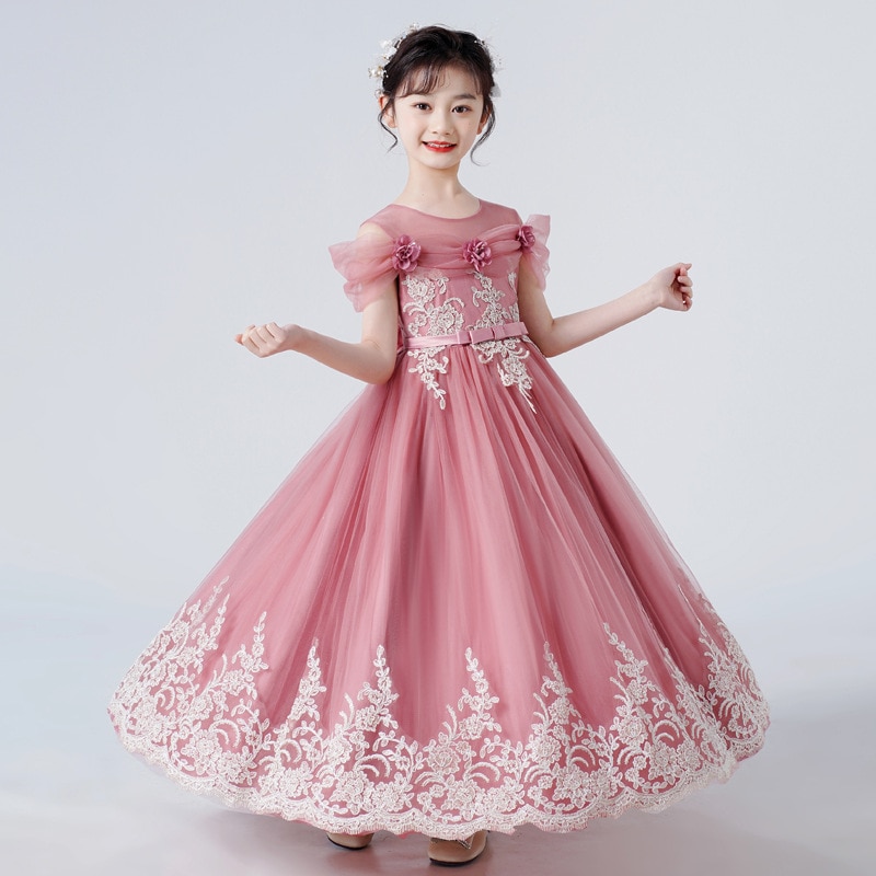 Lace Flower Girl Dresses for Weddings Appliques Baby Children Party Dress Cap Sleeves Puffy Princess First Communion Ball Gowns