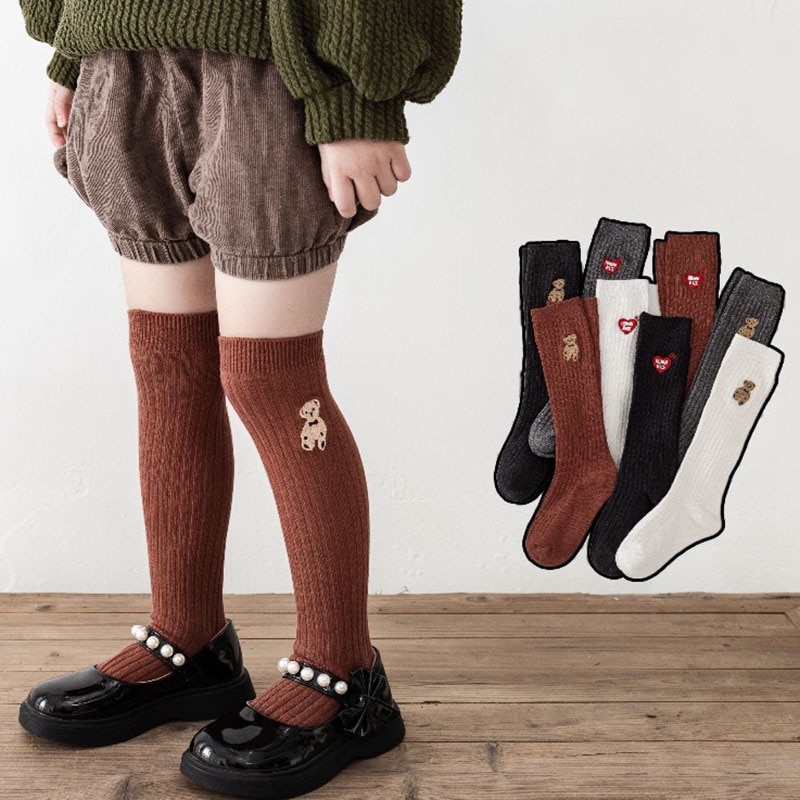 Autumn Spring Solid Color Stockings Children Baby Korean Cartoon Bear Heart Stitch Knee High Long Socks for For Girl Boys Cheap
