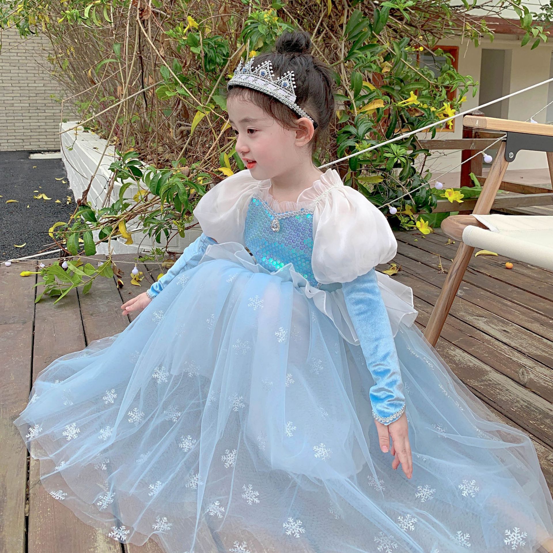 Frozen Princess Elsa Dress Girls Short-sleeve Puff-sleeve Skirt Kids Lace Sequins Gauze Dress Halloween Xmas Cosplay Costume