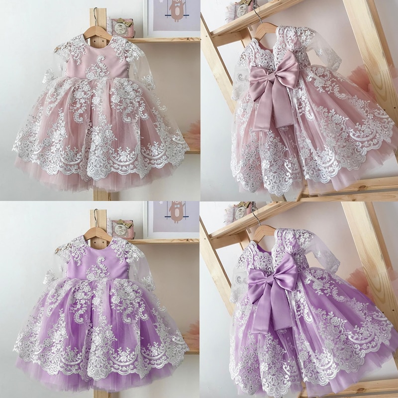 Newborn Baby Long Lace Dress for Kids Embroidered Elegant Baptism Birthday Party Gown First Communion Infant Kids
