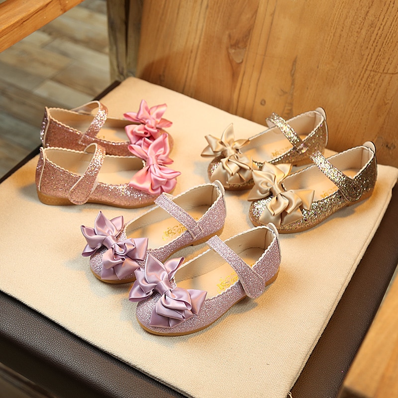 Girls Leather Shoes Flats Fashion Pink Dress Shoes Baby Child Party Shoes Pretty Bowknot Gold Glitter Princess Little Girl Shoes