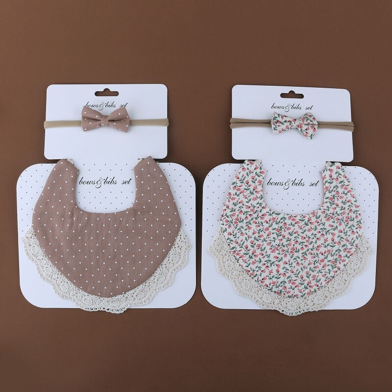 Baby Girl Bib Bowknot Headband Set Floral Lace Trim Infant Drooling Saliva Towel G99C
