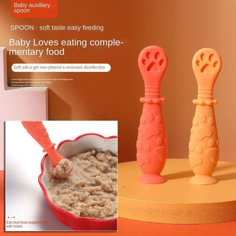 2 Pcs Baby Learn Spoon Cartoon Silicone Anti-slip Short Easy Spoon Teether For Infant Cereal Feeding Training Utensils Tableware