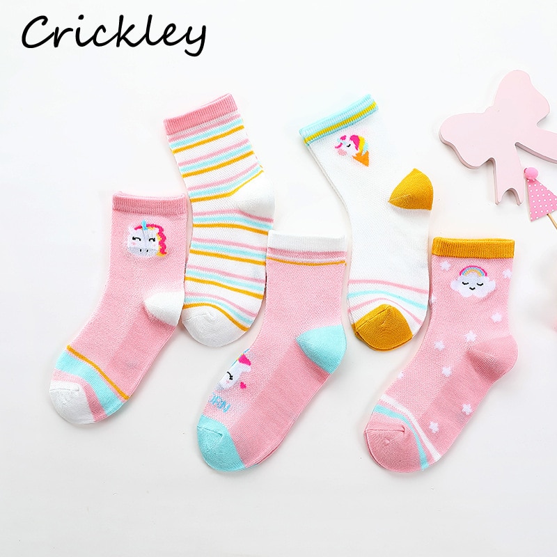 5pairs/lot Summer Children's Cotton Socks Mesh Cartoon Unicorn Striped Girls Socks Breathable Soft Toddler Kids Short Socks