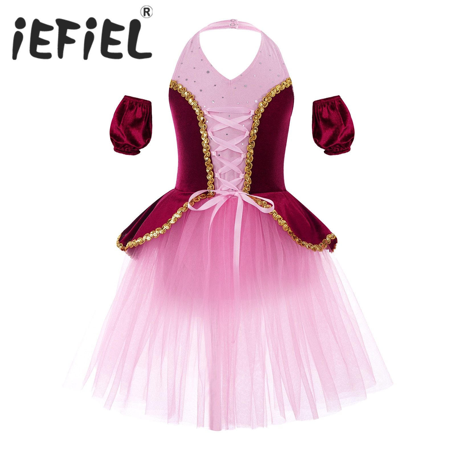 Kids Girls Shiny Sequins Ballet Dance Tutu Mesh Dress Princess Ballerina Costumes with Cuffs for Waltz Dance Stage Performance