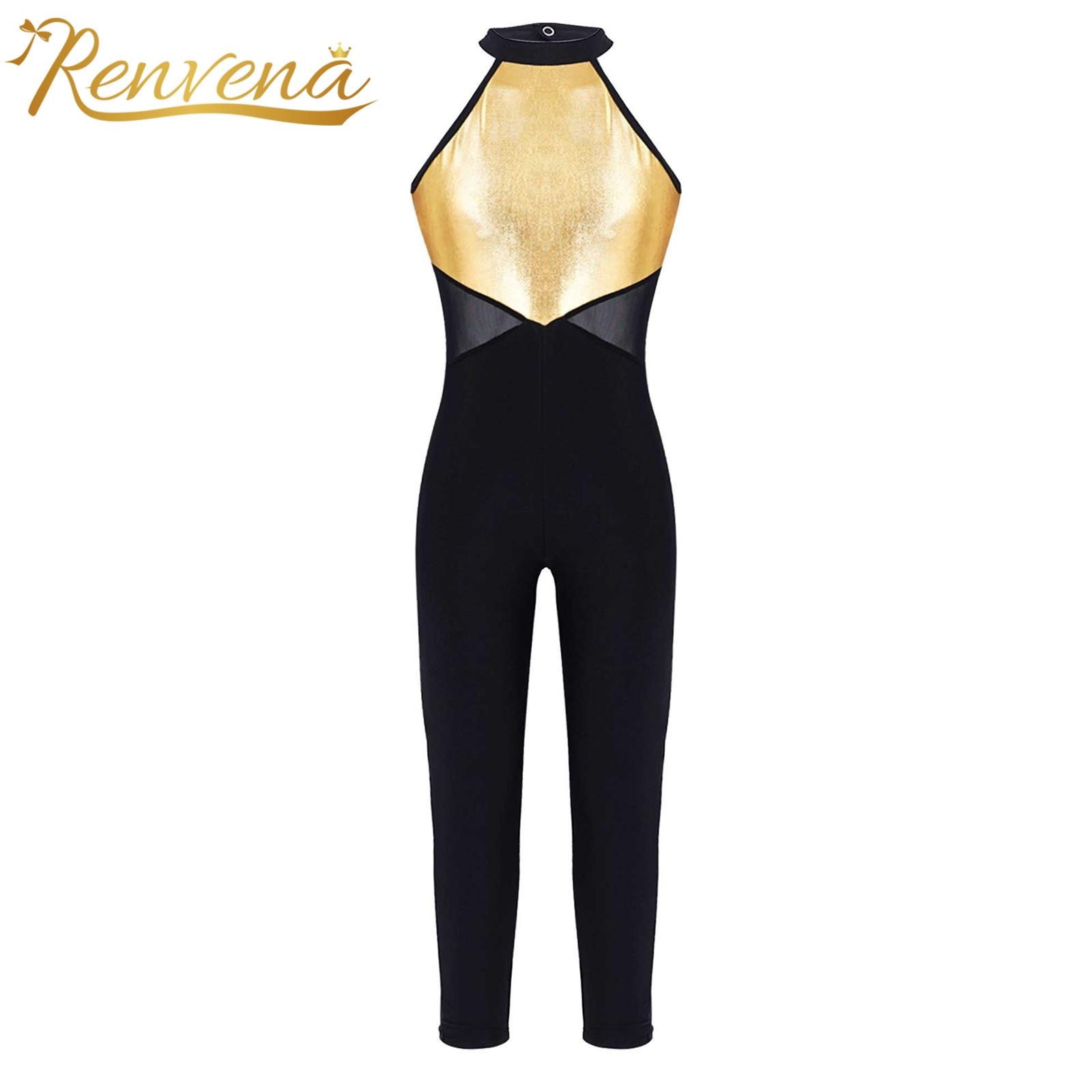 Children Kids Girls Sleeveless Mesh Splice Metallic Dance Jumpsuit Long Pants Ballet Gymnastics Leotard for Girls Dancewear