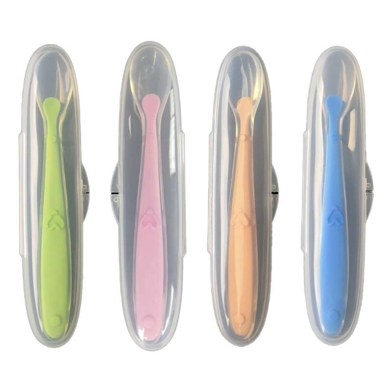 2022 New Baby Soft Silicone Spoon with Storage Box Candy Color Spoon Children Food Scoop