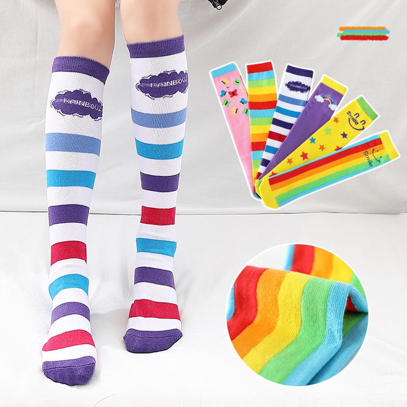 Spring and Summer Socks Children Girls Candy Color Rainbow Smiley Girls Middle Tube Socks Calf Socks