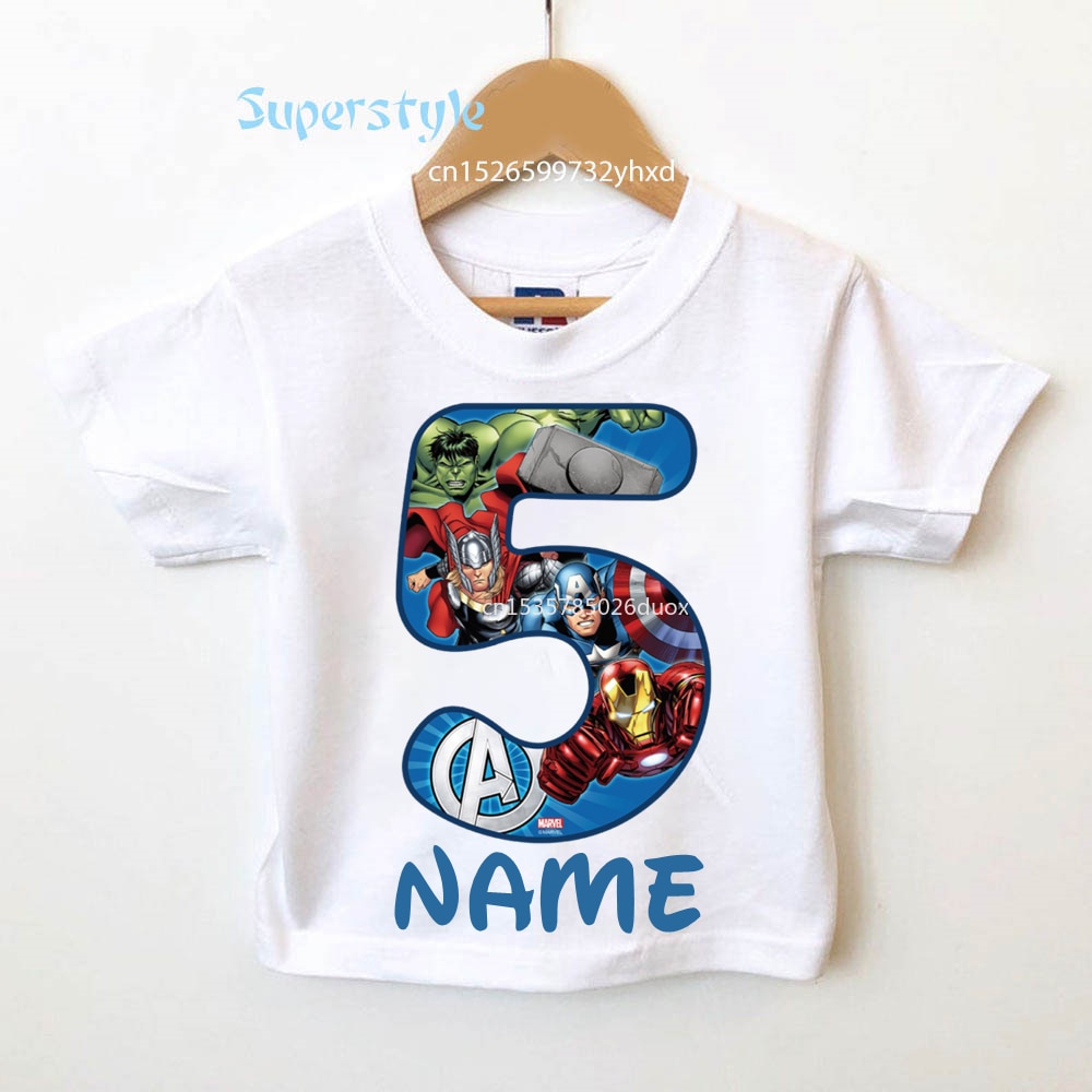 Summer Boys 1-9 Marvel Spiderman Avengers Birthday Shirt Customize Name SuperHero Birthday T-Shirt Children Birthday Party Wear
