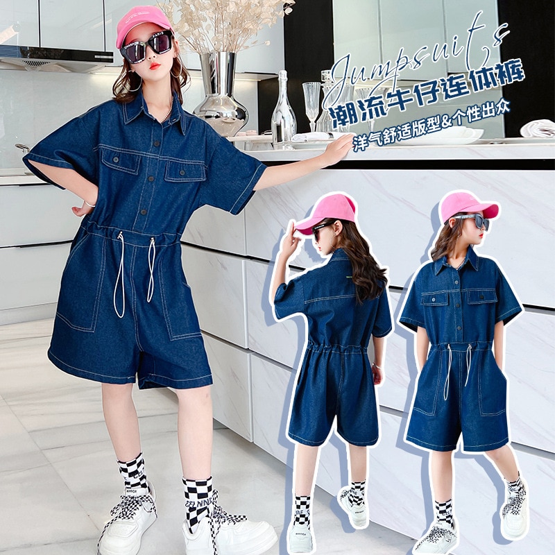 Girls Loose Jumpsuits 2022 Summer Wear New Children's Denim Short-sleeved One-piece Teen Kids Casual Thin Short Overalls