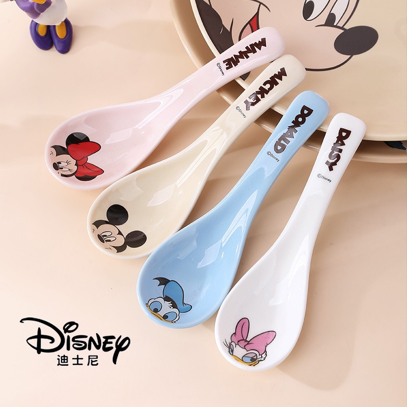 Disney Mickey Minnie Children Spoon Baby Drinking Water Spoon Ceramic Cartoon Tableware Cartoon Small Rice Spoon Feeding Spoon