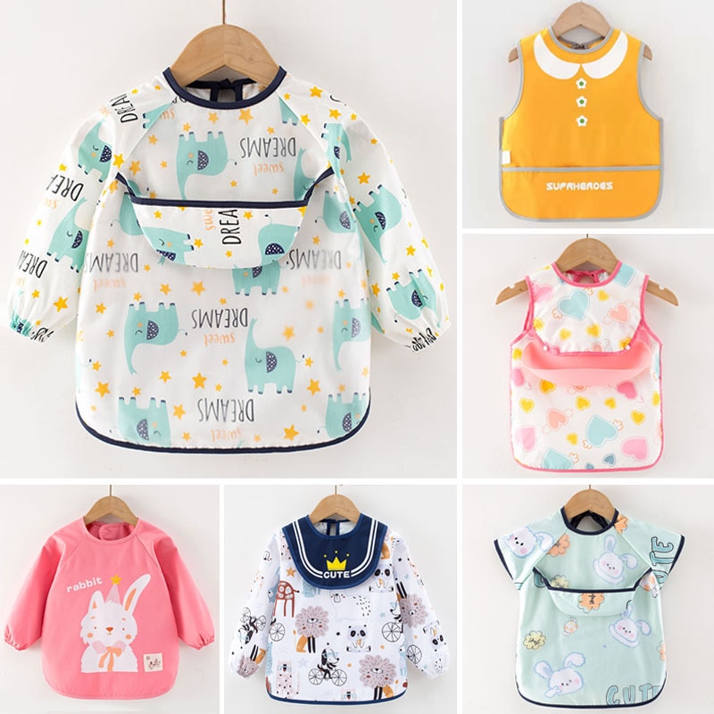Hot Cartoon Cute Baby Bibs with Pocket Waterproof Toddler Kids Long Sleeves Apron Baby Feeding Bibs Burp Cloth Long Sleeves Bibs