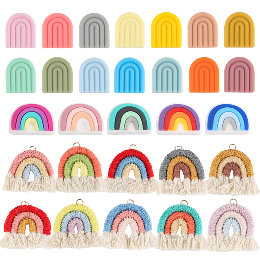 Kovict Rainbow Series Baby Silicone Beads Food Grade Infant Nursing Teether Woven Cotton Rope Rainbow Bead Decoration Tassels