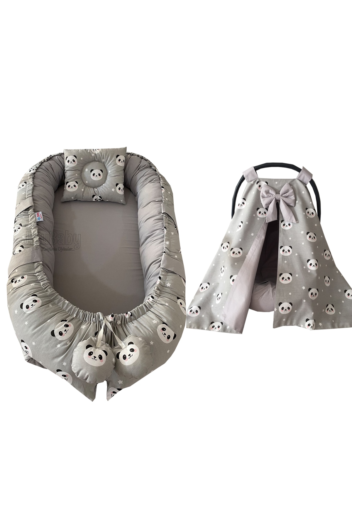 Jaju Baby Gray Panda Fabric Babynest and Stroller Cover Set, Mother Side Baby Bed, Baby bed, Baby sleeping set, Stroller Cover