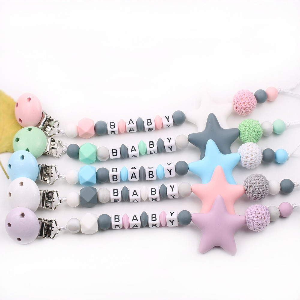 Newest Pacifier Clips Chain Eco-friendly Newborn Baby Teething Clip Food Grade Silicone Star Feeding Chain