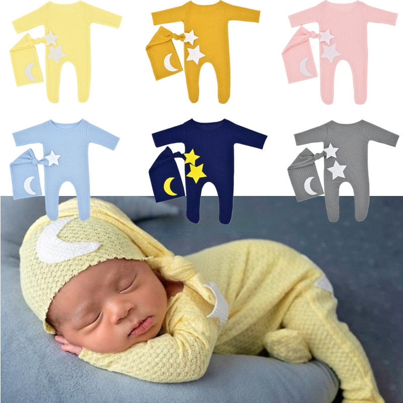2Pcs/Set Baby Star and Moon Decor Knitted Fabric Romper Long Tail Hat Set Infant Photography Props