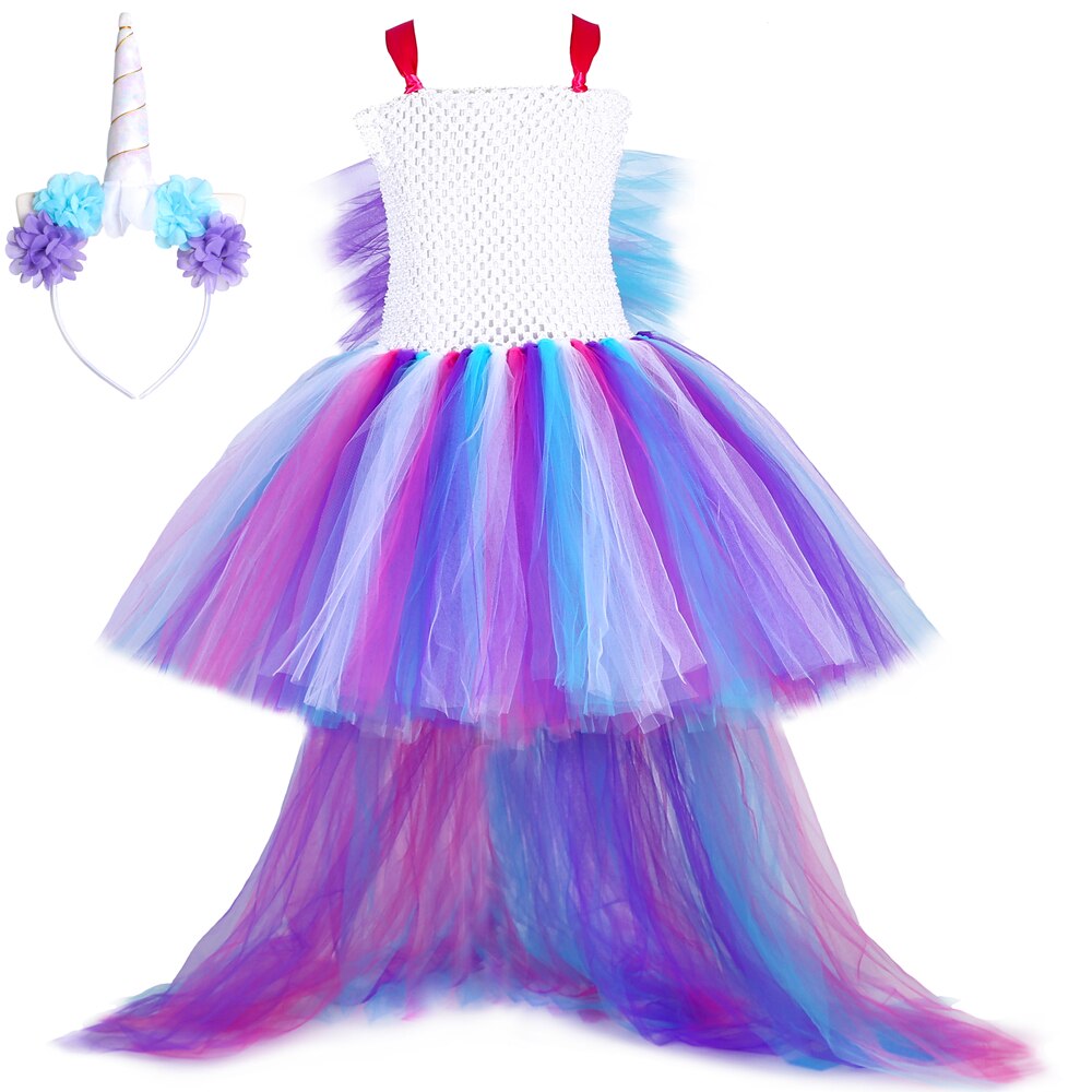 Girls Bustle Unicorn Tutu Dress with Mane Train Rainbow Princess Girl Birthday Party Dresses Kids Halloween Pony Cosplay Costume