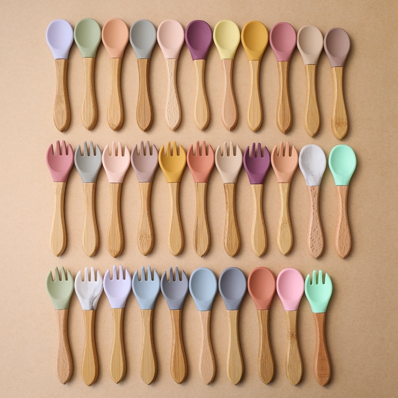 2pc Baby Wooden Handle Fork Spoon Food Grade Silicone Material Baby Feeding Accessories Spoon Organic Soft Tip BPA Free