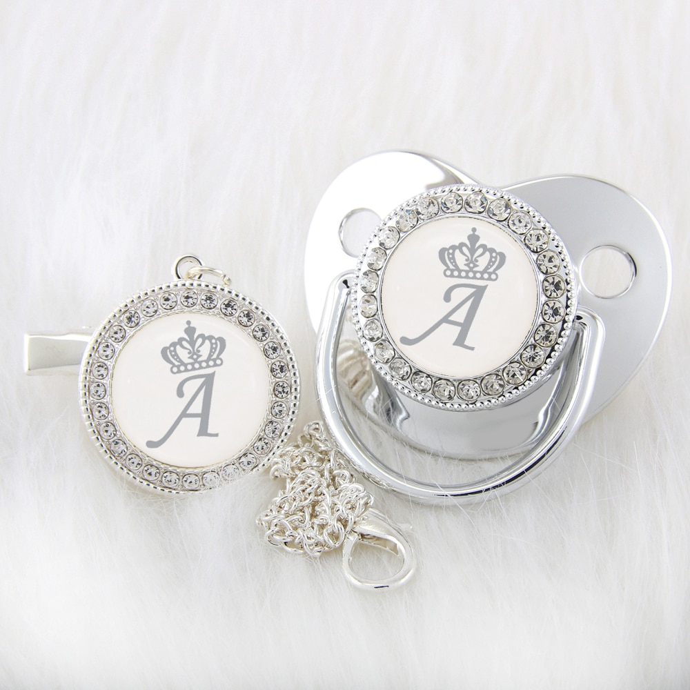 Luxury Silver Crown 26 Name Initial Letter Baby Pacifier With Clip Infant Silicone Dummy Soother Bling Teat For Baby Unique Gift
