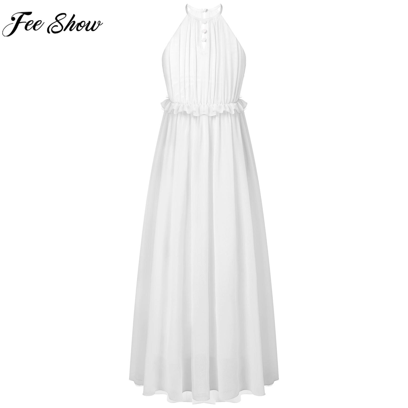 Girls Sleeveless Elegant Party Dress Wedding Bridesmaid Costume Backless Solid Chiffon Maxi Dress for Birthday Prom Performance