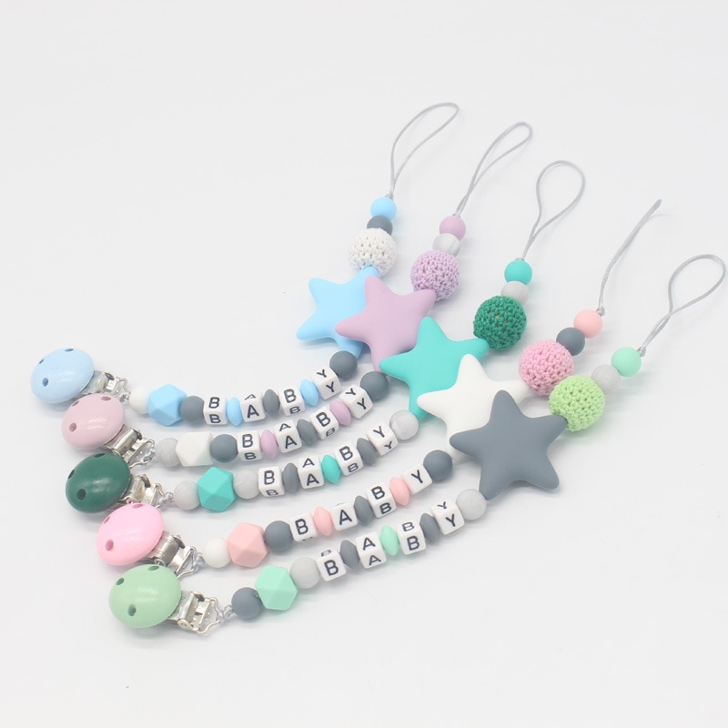 Not Support Personalized Silicone Baby Pacifier Clip Silicone Cute Star Pacifier Chain Holder Baby Safe Teething 2022 New Hot