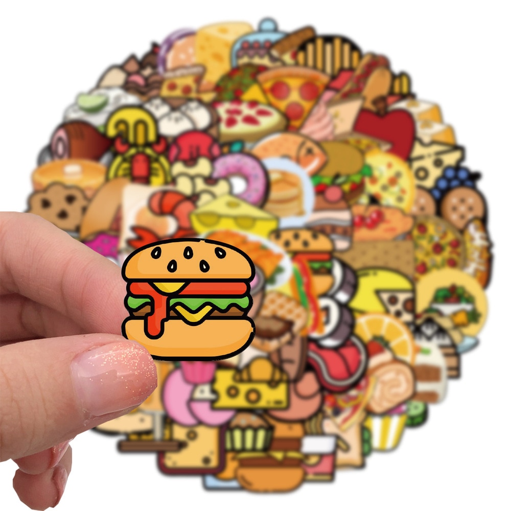 100Pcs Cute Food Burger Fries Gourmet Stickers Luggage Laptop Waterproof Stickers Decorative Stickers Wholesale