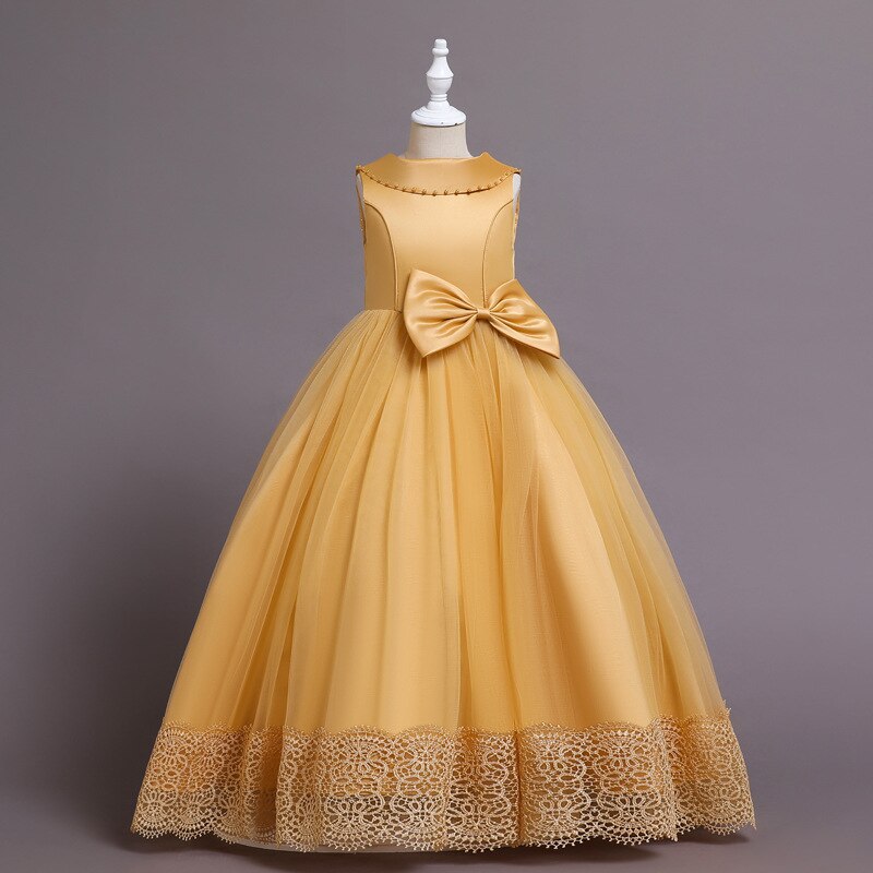 Yellow Bow Child Girl Princess Dresses for 6 8 10 12 14 Years Kids Birthday Party Costume Luxury Long Ball Gown Evening Dress
