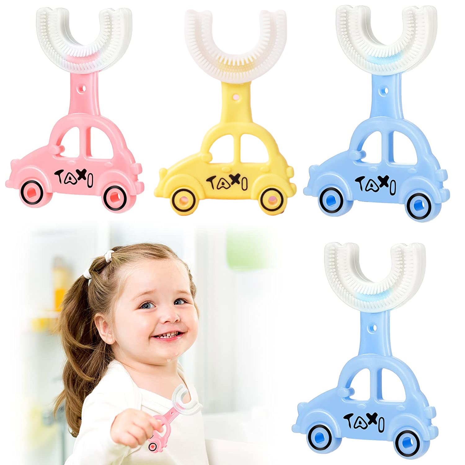 Kids U Shaped Toothbrushes with Car Shaped Handle 360 Degree Full Mouth Cleaning Tooth Brush Kids Baby Soft Silicone Toothbrush
