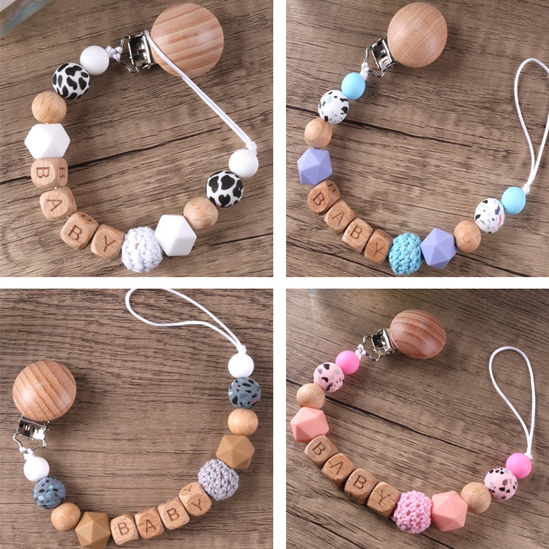 Personalized Wood Name Silicone Baby Pacifier Clip Chain Infant Dummy Holder Molar Soother Chains Baby Products