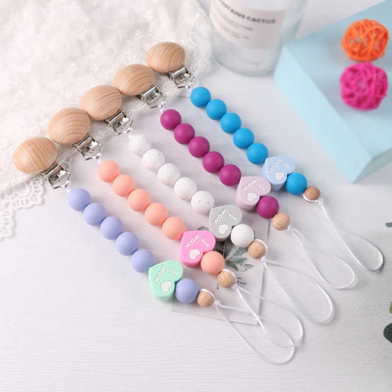 Heart-shaped Silicone Beads Soother Chains Handmade Pacifier Clip Holder Chain Dummy Clips Baby Teething Toy Baby Shower Gift