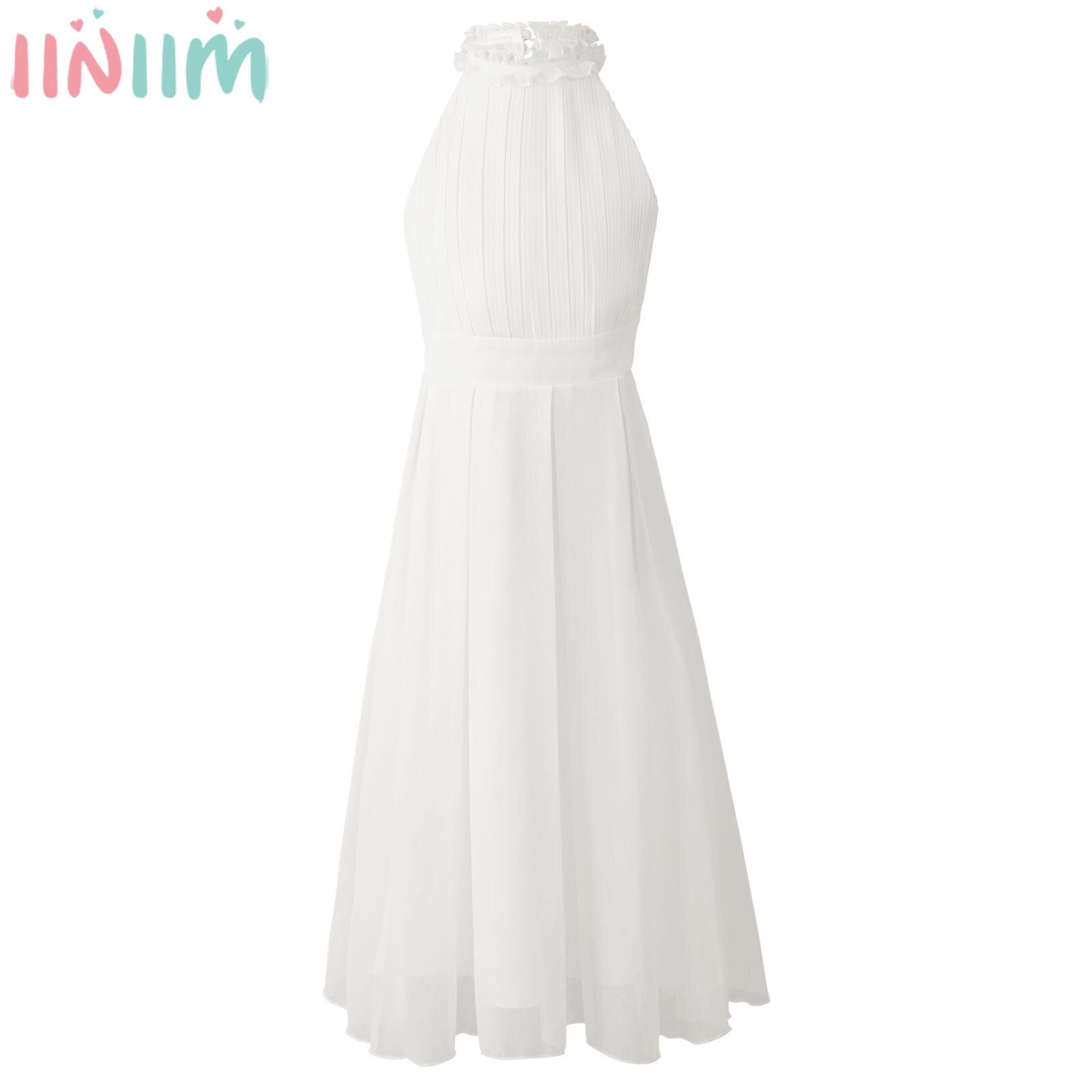 Kids Girl Chiffon Party Dress Halter Ruffle Sleeveless Fully Lined Pleated Elegant Maxi Dress for Wedding Birthday Performance