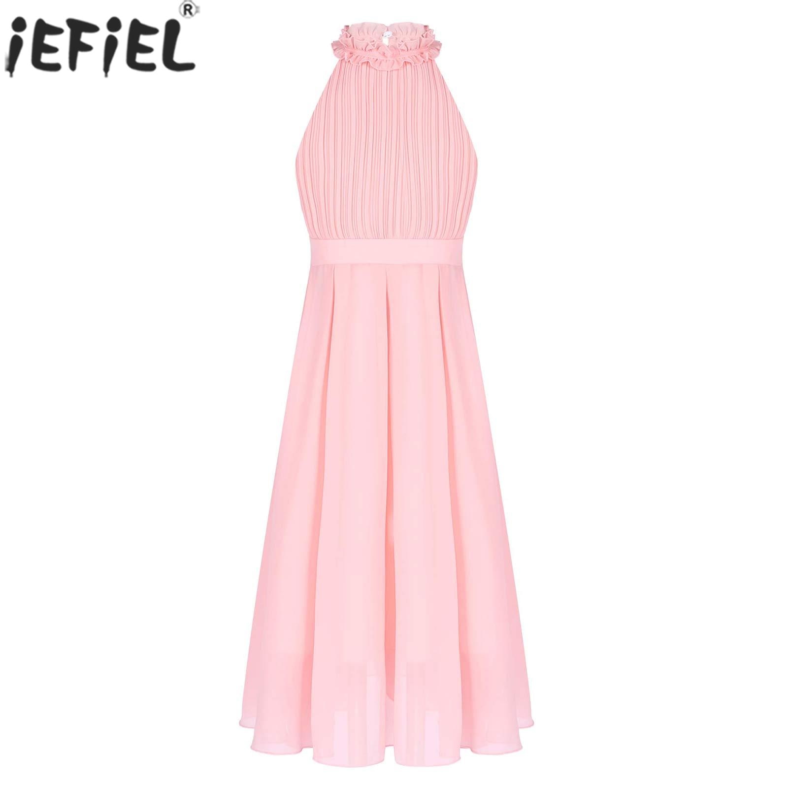 Kids Girl Sleeveless Elegant Party Dress Bridesmaid Clothing Halter Ruffle Pleated Chiffon Maxi Dress for Wedding Birthday Prom