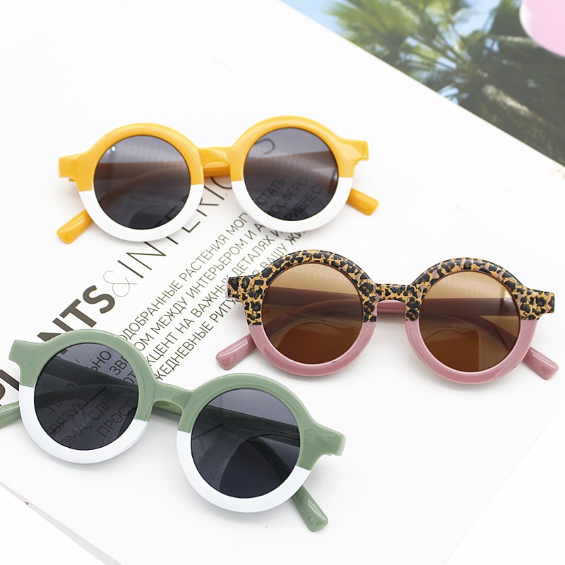 Kids Vintage Sunglasses UV400 Protection Classic Children Boy Girl Cute Leopard Double Color Cartoon Bear Shape Round Sunglasses