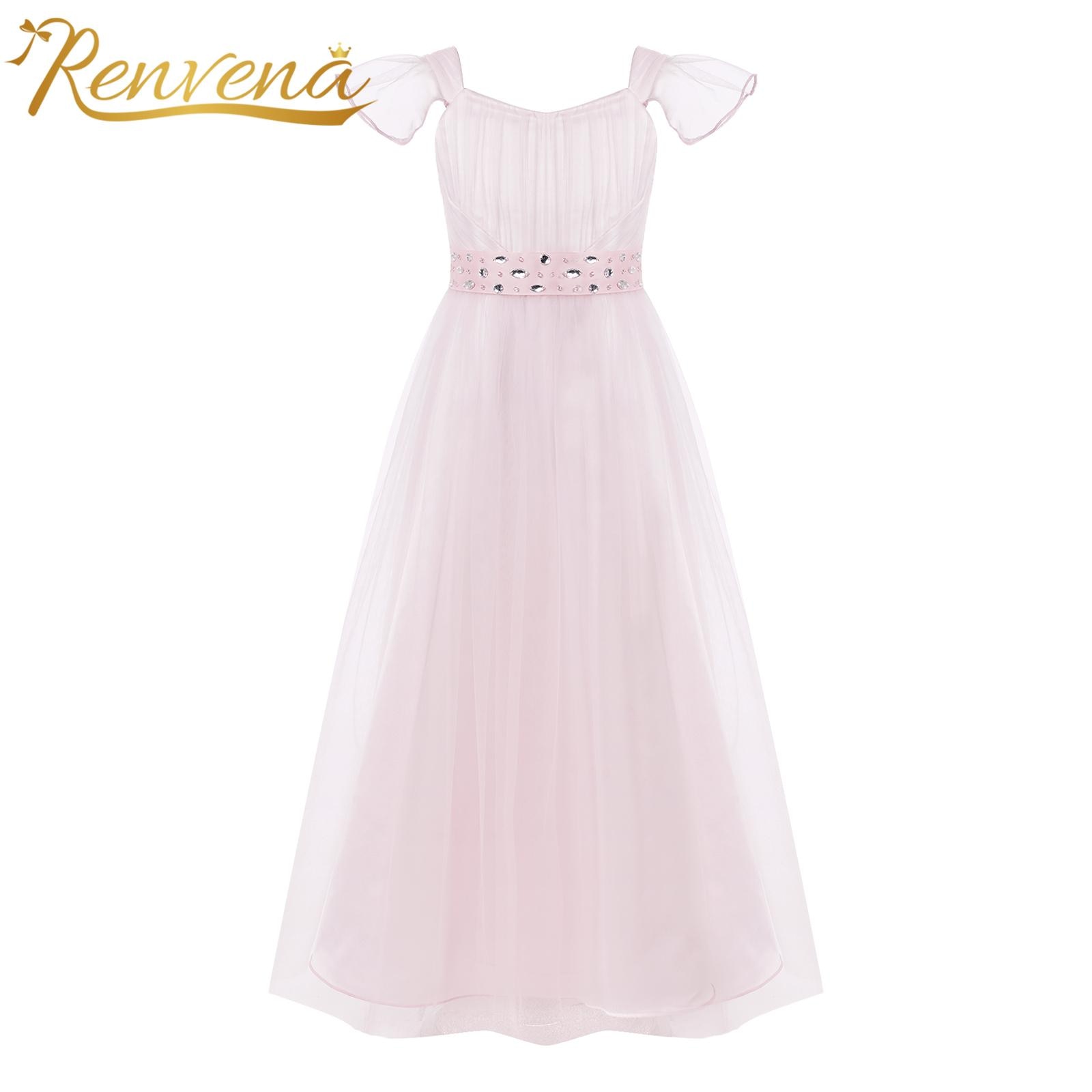 Elegant Girls Party Dress Fly Sleeve Maxi Tulle Kids Dresses for Girl Wedding Birthday Party Bridesmaid Children Costume Robes