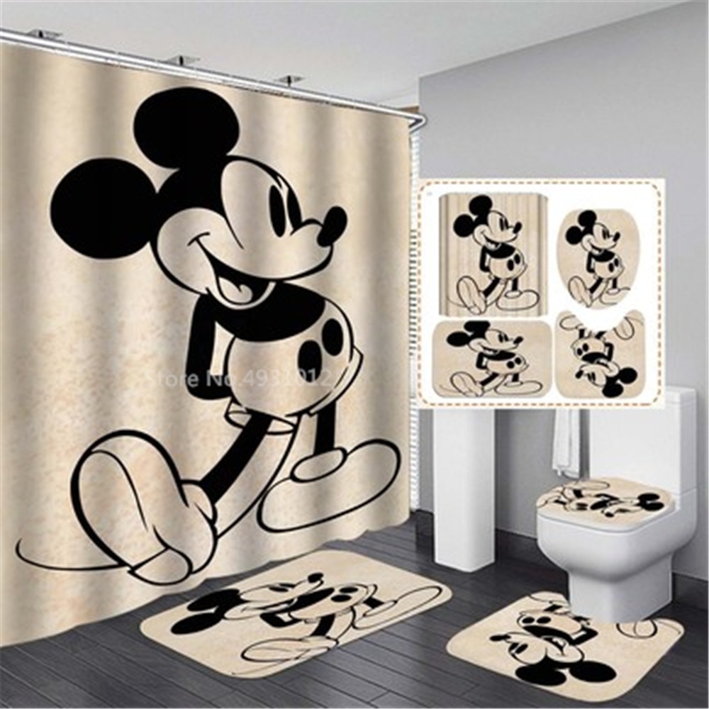 Disney Cartoon Khaki Minnie Mickey Mouse Baby Bathroom curtain Waterproof Funny Shower Curtain Pedestal Non-slip Bath Mat Set