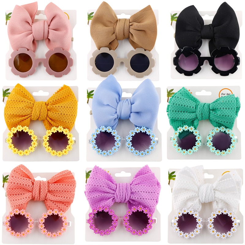 Baby Girls Hair Accessories Fashion Sun Flower Sunglasses Bow Hairband Set Newborn Head Bands Summer Beach Photography Props